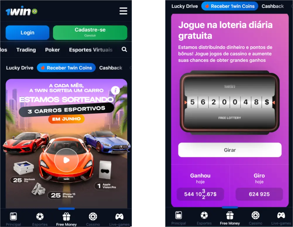 Interface van de 1win app